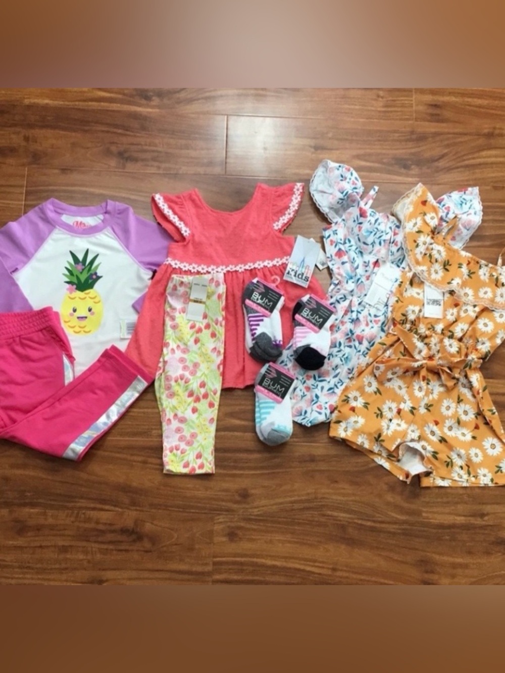 NWT New 9 Piece Girls Pink Orange Floral Rompers + Leggings + Tops Size 3T-4T